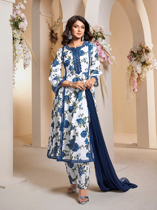 Bhama Couture Jennifer Winget Blue Floral Printed Kurta with Palazzos & Dupatta.