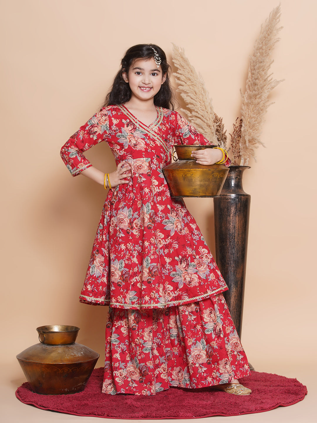 Bitiya by Bhama Girls Red Floral  Printed Angrakha Kurta with Sharara