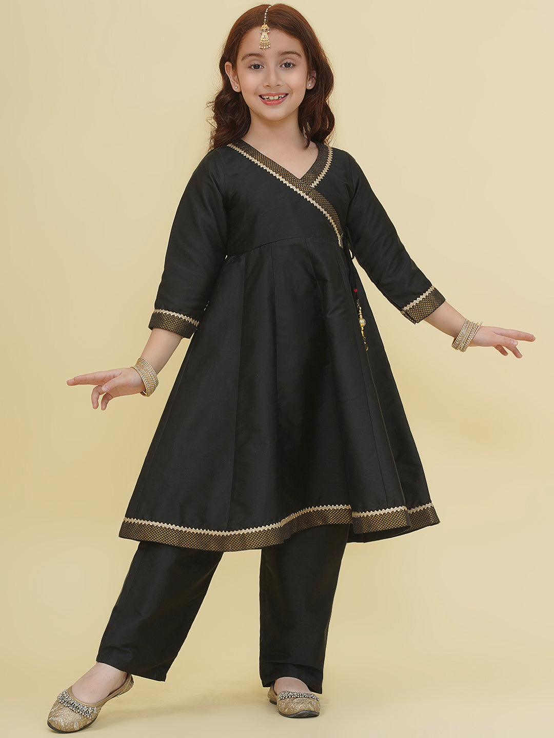 Bitiya by Bhama Girls Black Angrakha Kurta with Trousers