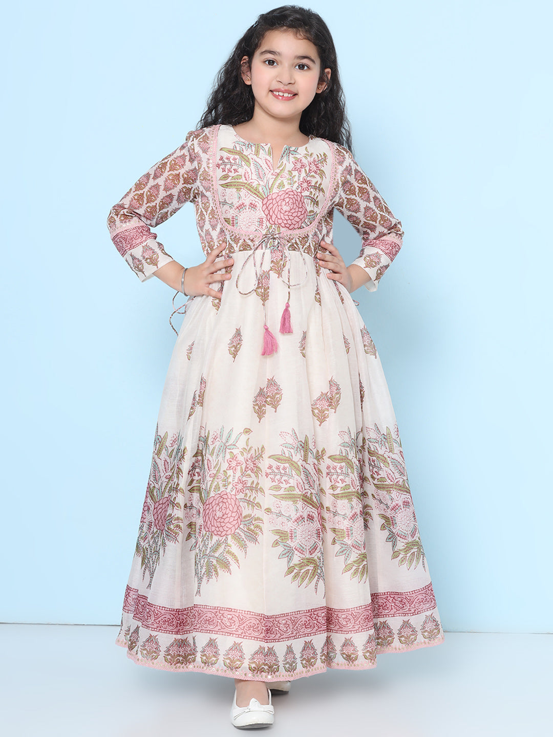 Bitiya by Bhama Girls Off white & Pink Floral Maxi Dress