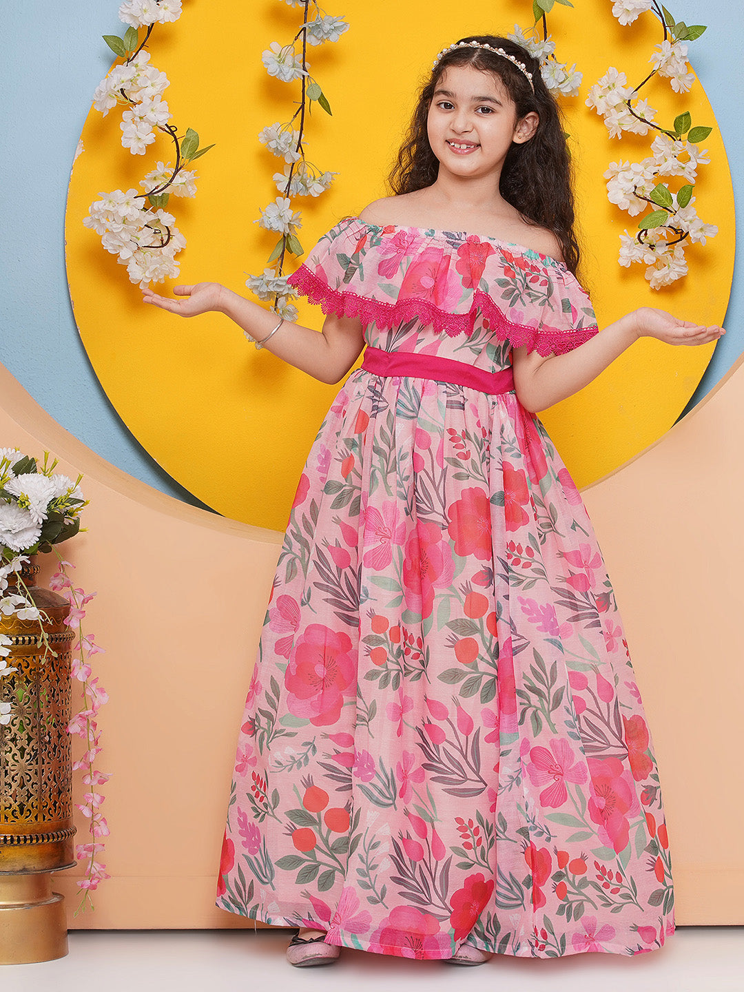 Bitiya by Bhama Girls Pink Floral Maxi Dress.