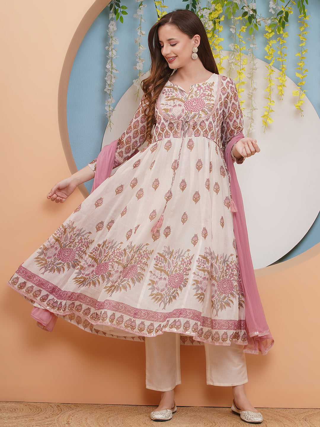 Bhama CoutureOff white  Pink Floral Digital Printed Anarkali Flared Kurta with Palazzos Dupatta.