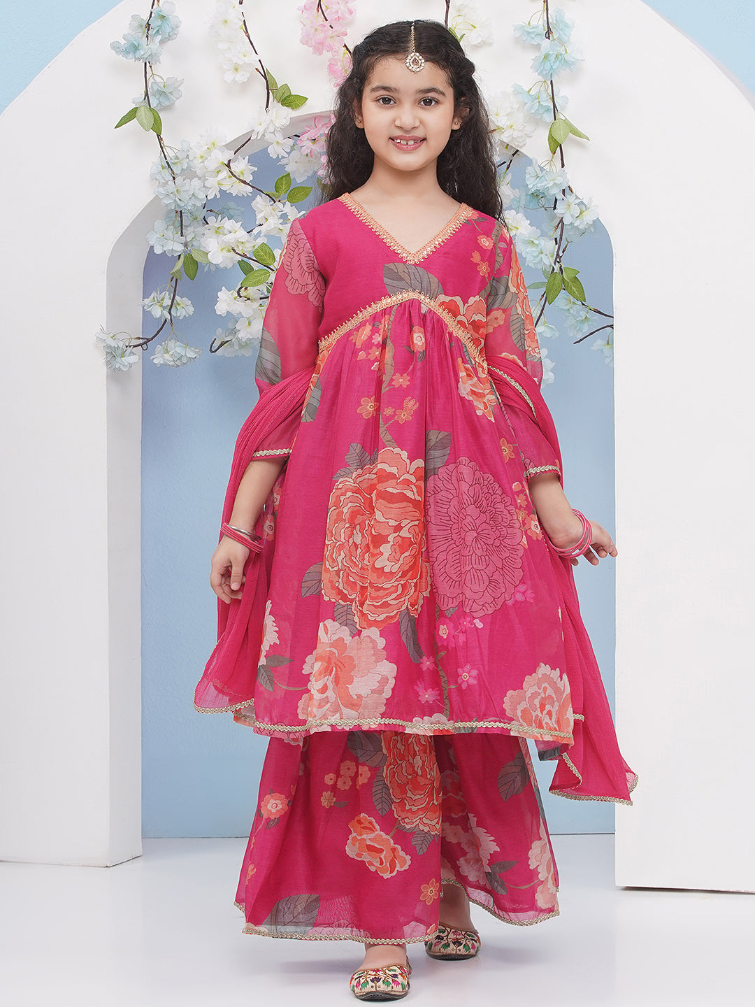 Bitiya by Bhama Girls Pink Floral Printed Alia Design Kurta With Sharara With dupatta