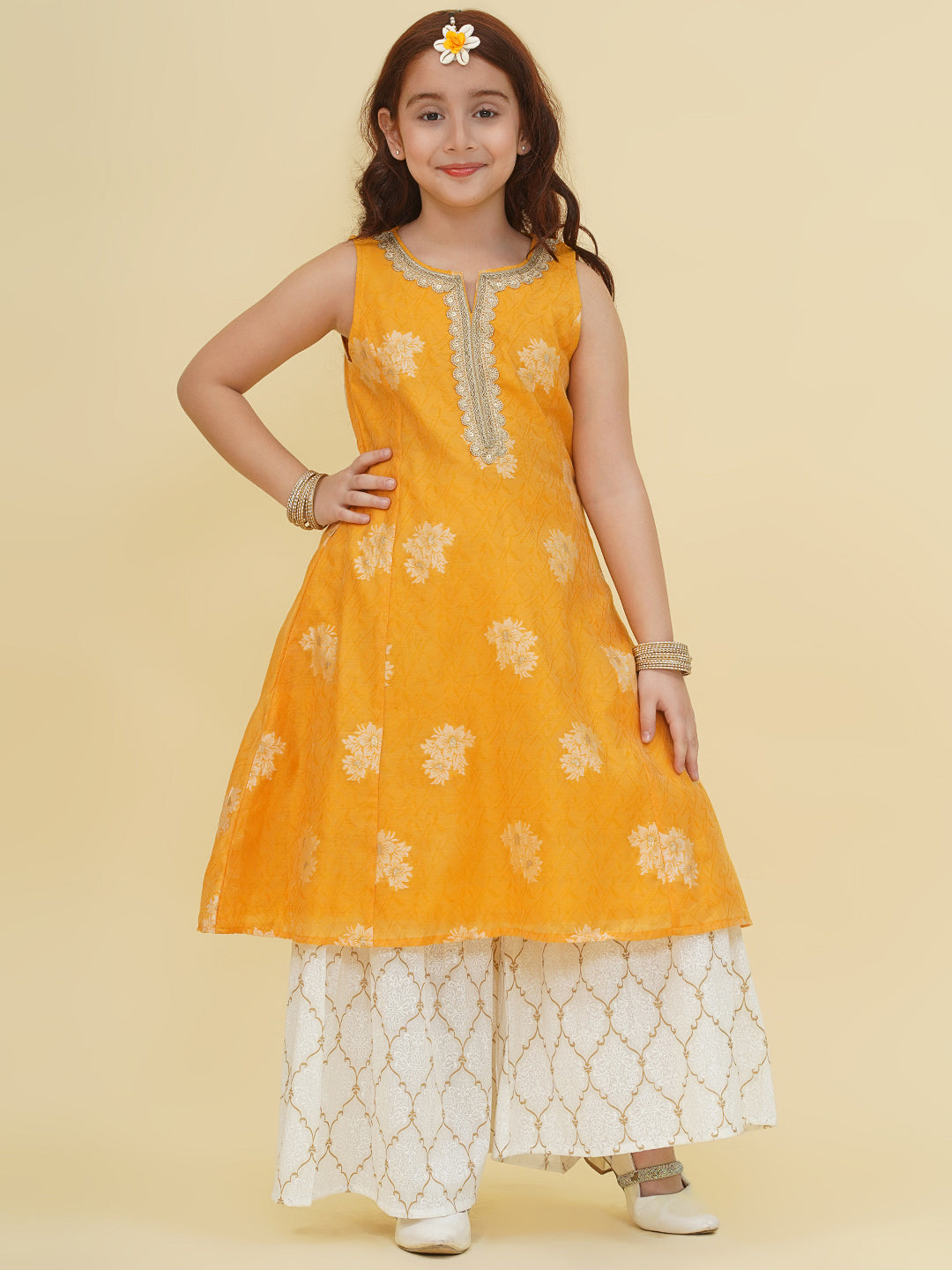 Bitiya by Bhama Girls Yellow Self design Kurta With Sharara