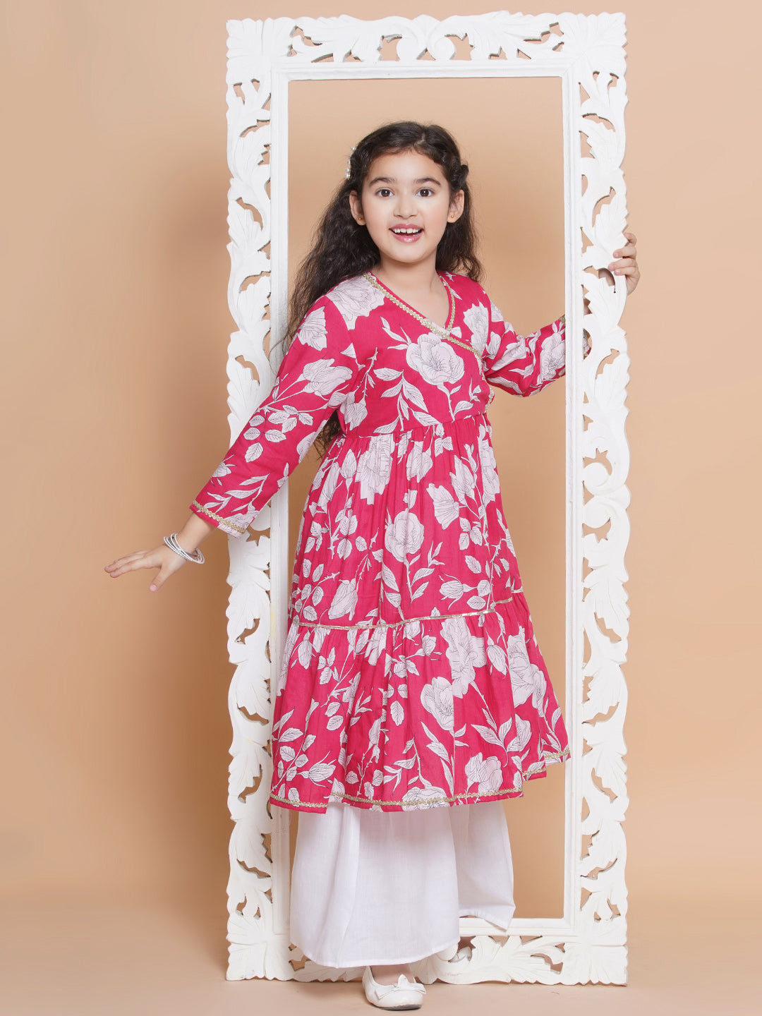 Bitiya by Bhama Girls Pink Floral  Printed Angrakha Kurta with Sharara