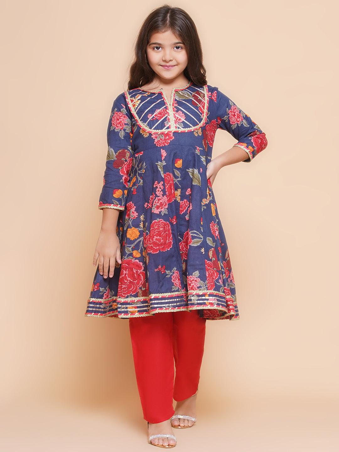 Bitiya by Bhama Girls Navy Blue Red Printed Anarkali Kurta &  Palazzos.