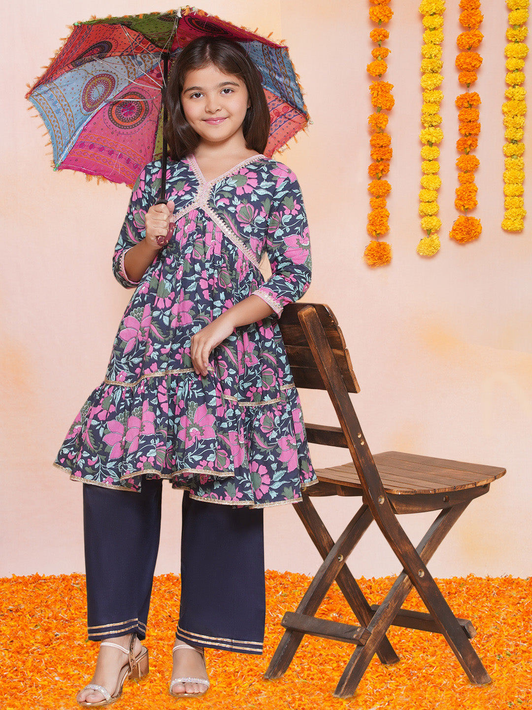 Bitiya by Bhama Girls Navy Blue Pink Floral Printed  Kurta With Palazzos.