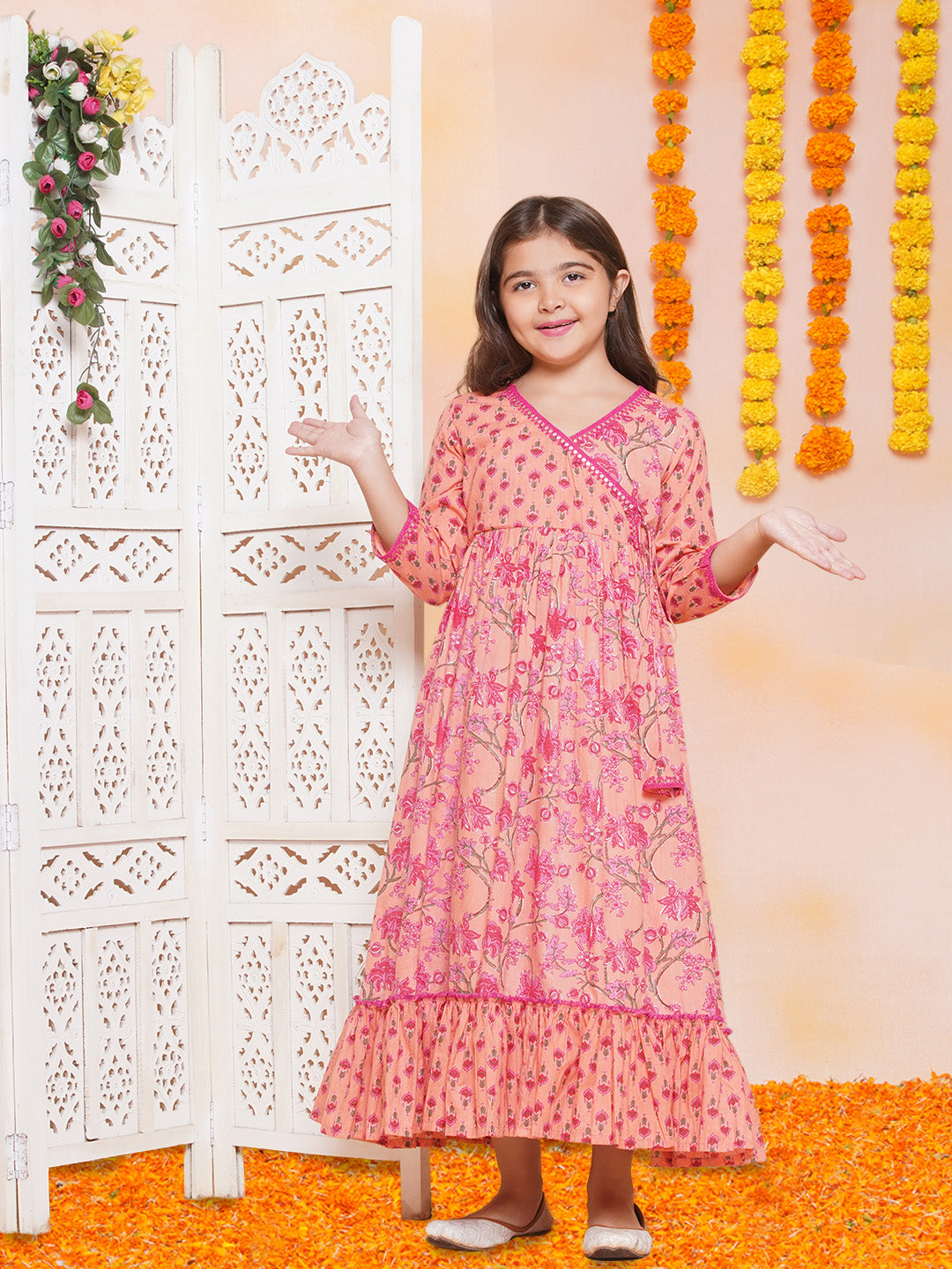 Bitiya by Bhama Girls Peach Floral Printed Shrug & Blouse With Ready to Wear Lehenga.