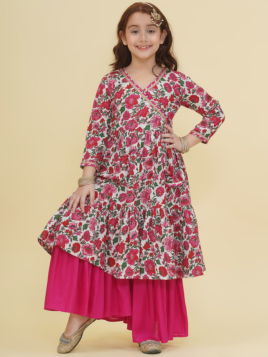 Bitiya by Bhama Girls Off-White Floral Printed Angrakha Kurta with Sharara