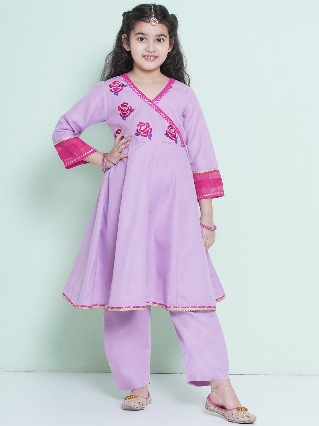 Bitiya by Bhama Girls Purple Embroidered Angrakha Kurta with Trousers