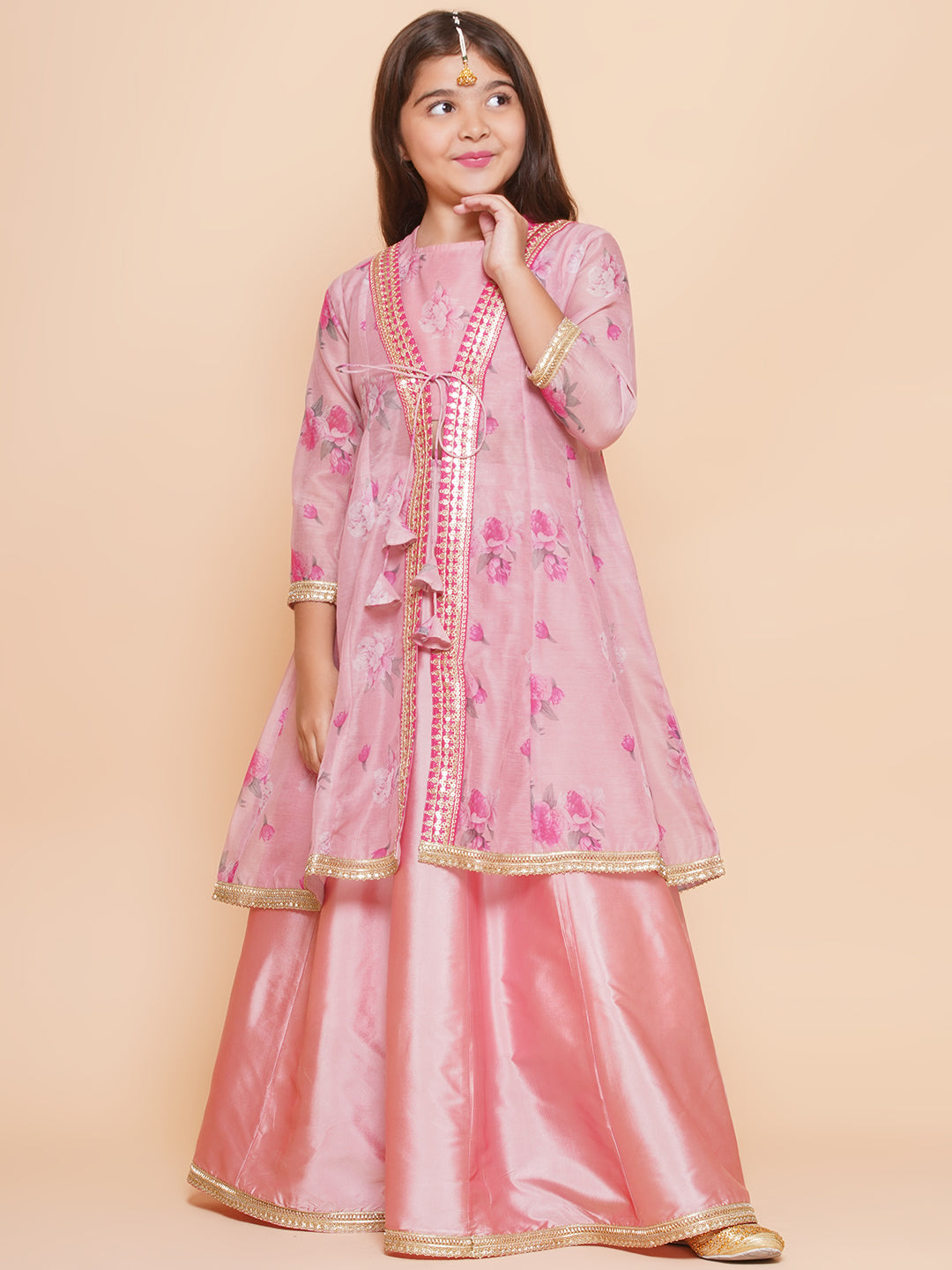 Bitiya by Bhama Girls Pink Floral Printed Shrug & Ready to Wear Lehenga With Blouse.