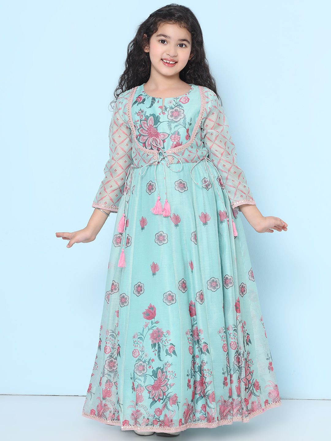 Bitiya by Bhama Girls Sea Green & Pink Floral Maxi Dress