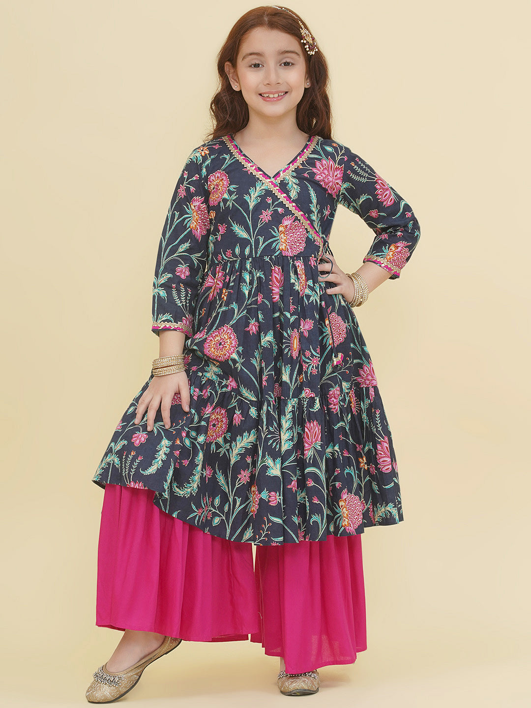 Bitiya by Bhama Girls Blue Pink Floral Printed Angrakha Kurta with Sharara