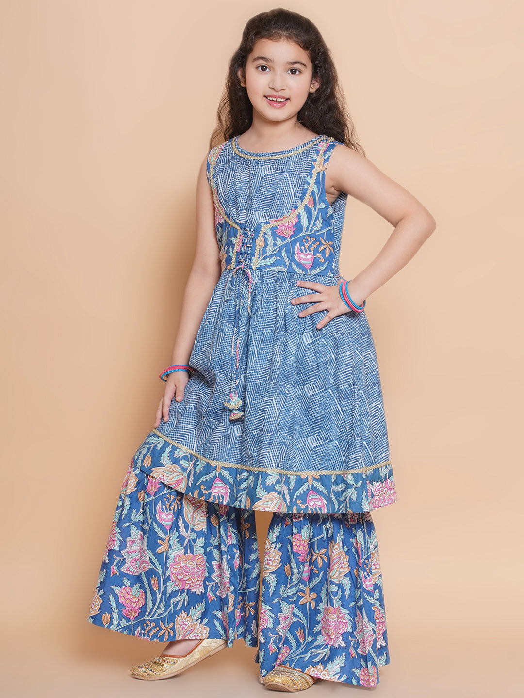 Bitiya by Bhama Girls  Blue Printed Jacket Style kurta with Sharara