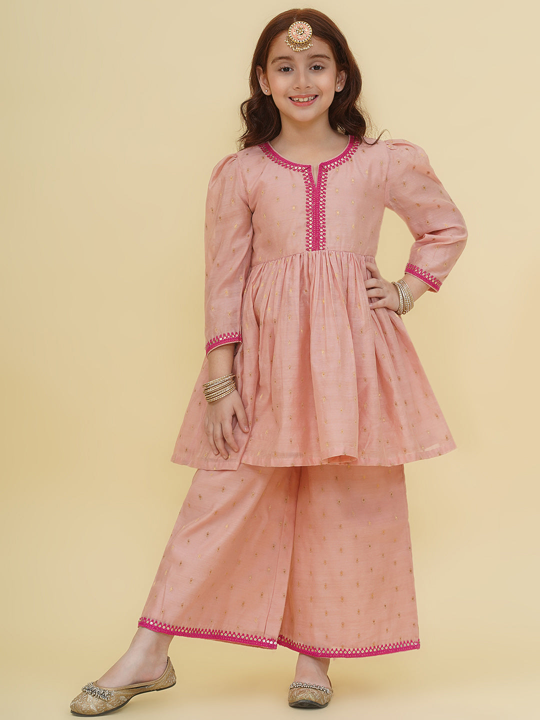 Bitiya by Bhama Girls Pink Self design  Kurta with palazzo