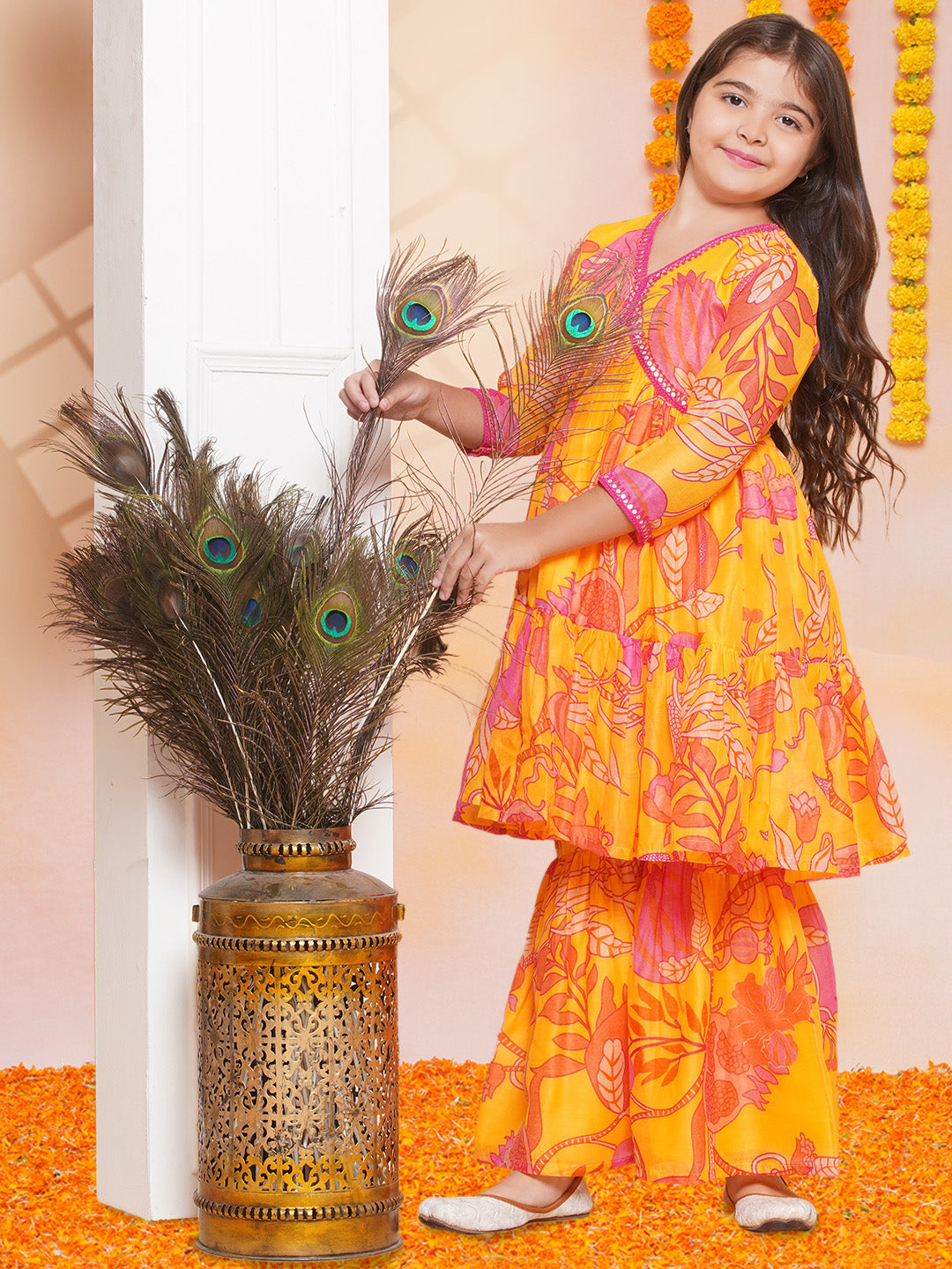 Bitiya by Bhama Girls Yellow Floral Printed Alia Design Kurta With Sharara