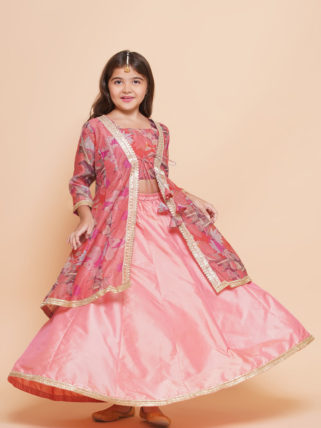 Bitiya by Bhama Girls Peach Floral Printed Shrug & Blouse With Ready to Wear Lehenga.