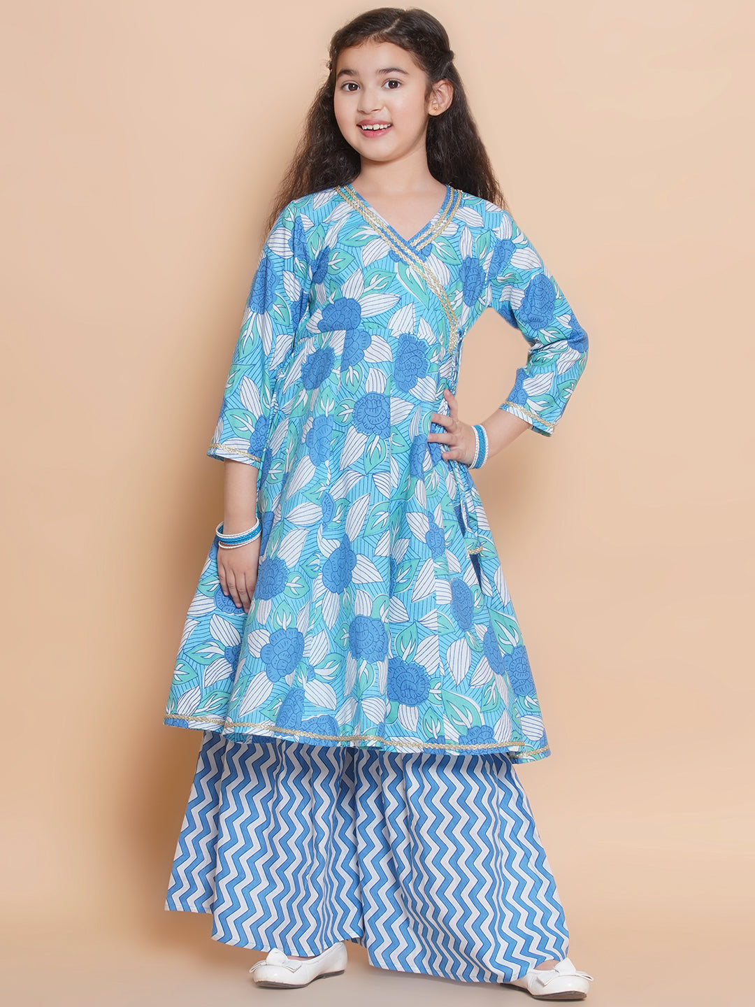 Bitiya by Bhama Girls Blue Floral  Printed Angrakha Kurta with Sharara