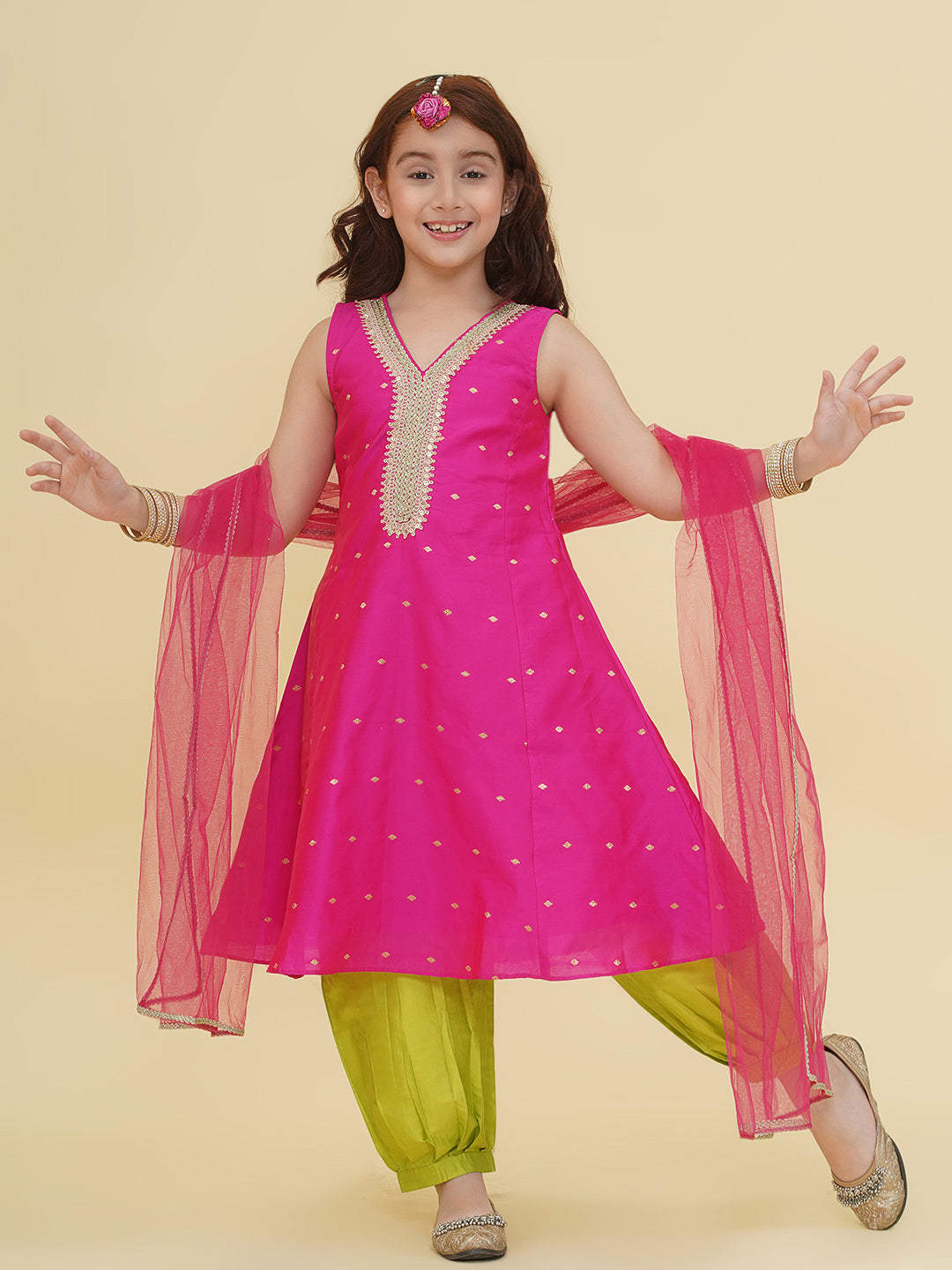 Bitiya by Bhama Girls Pink Self design Kurta with Afgani Salwar With Dupatta