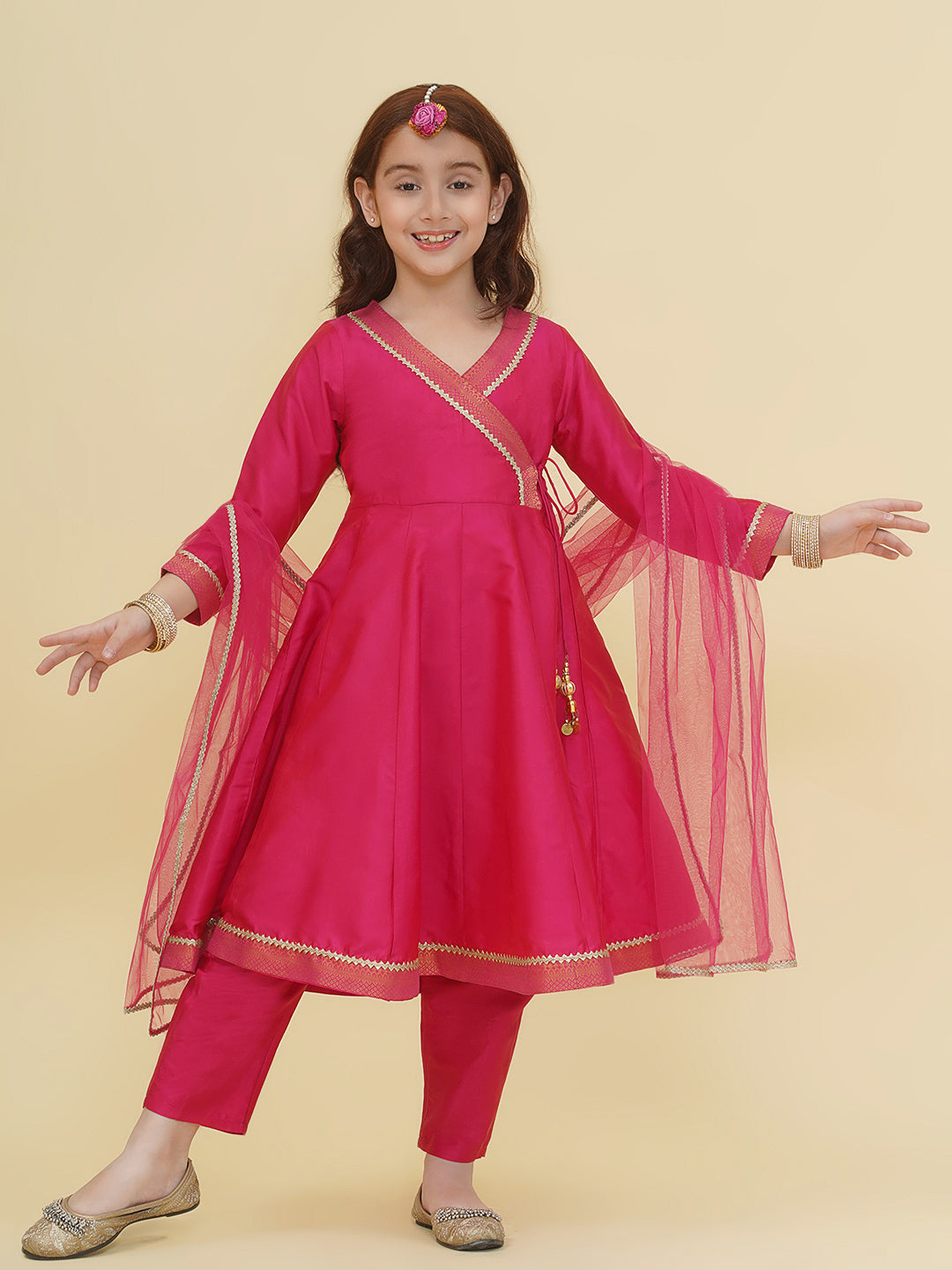 Bitiya by Bhama Girls Pink Angrakha Kurta with Trousers with Dupatta