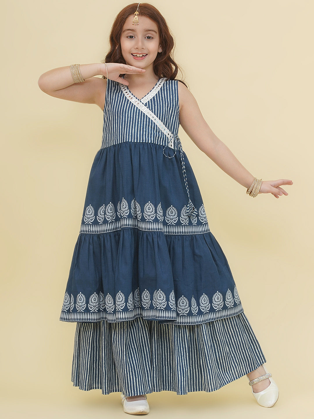 Bitiya by Bhama Girls Blue Geometrical  Printed Angrakha Kurta with Sharara