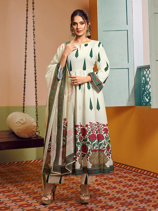 Bhama Couture Jennifer Winget Off White Floral Printed Anarkali Flared Kurta with Palazzos Dupatta.