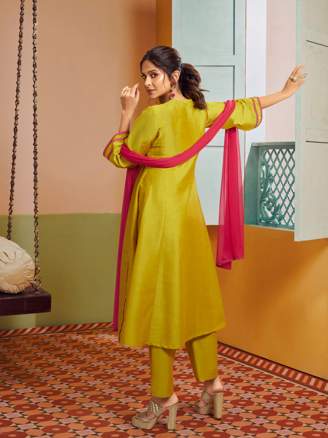 Bhama Couture Jennifer Winget Yellow Embroiderd Anarkali Flared Kurta with Palazzos Dupatta.