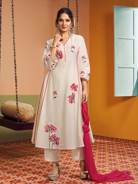 Bhama Couture Jennifer Winget Off white colour Embroidered Anarkali Flared Kurta with Palazzos Dupatta.