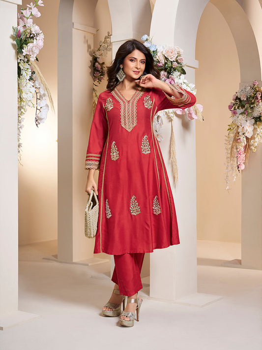 Bhama Couture Jennifer Winget Red colour Embroiderd Anarkali Flared Kurta with Palazzos.