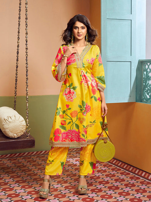 Bhama Couture Jennifer Winget Yellow Multi Colour Floral Printed Kurta set