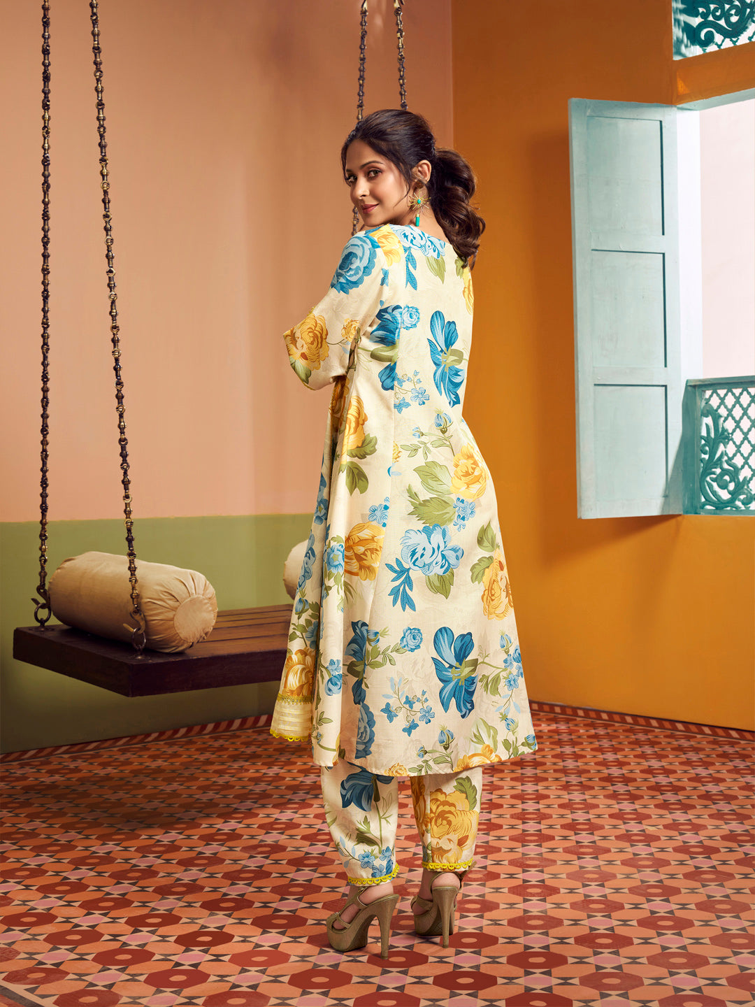 Bhama Couture Jennifer Winget Beige Multi Blue Yellow Floral Printed Kurta set