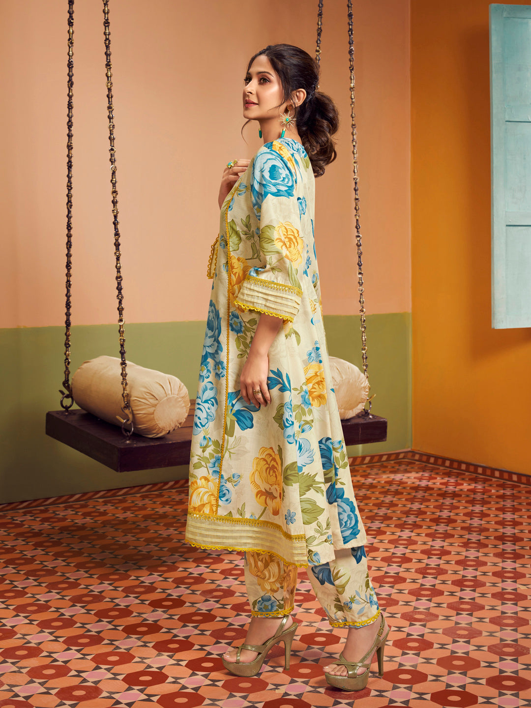 Bhama Couture Jennifer Winget Beige Multi Blue Yellow Floral Printed Kurta set