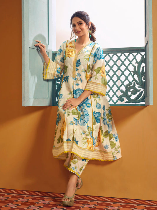 Bhama Couture Jennifer Winget Beige Multi Blue Yellow Floral Printed Kurta set