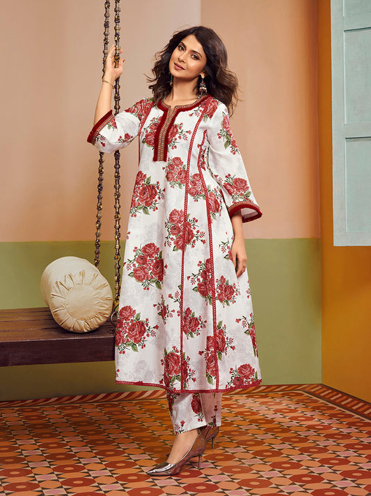 Bhama Couture Jennifer Winget Off White & Red Colour Floral Printed Kurta set