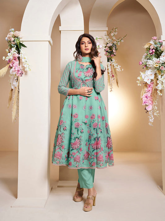 Bhama Couture Jennifer Winget Sea Green Floral Digital Printed Anarkali Flared Kurta with Palazzos Dupatta.