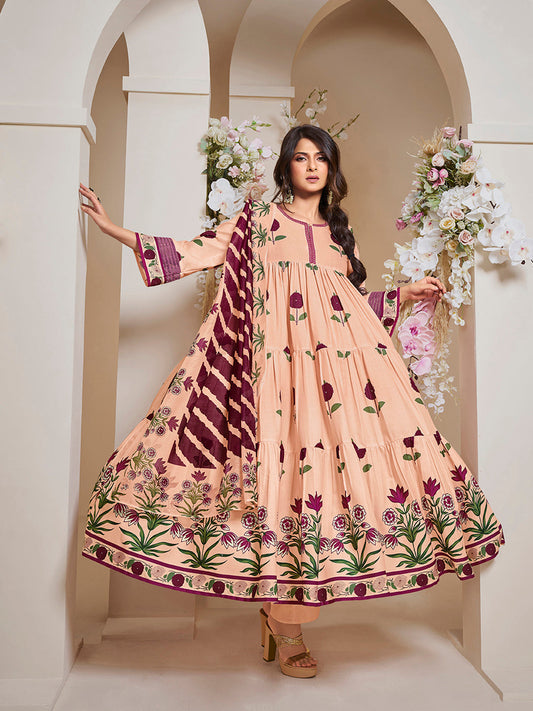 Bhama Couture Jennifer Winget Peach Floral Printed Flared Tier Anarkali Kurta with Palazzos Dupatta.