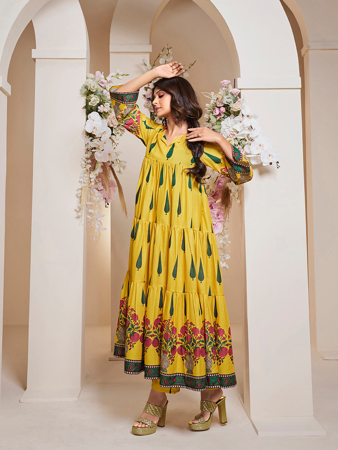 Bhama Couture Jennifer Winget Yellow Leaf Floral Printed Anarkali Flared Kurta with Palazzos Dupatta.