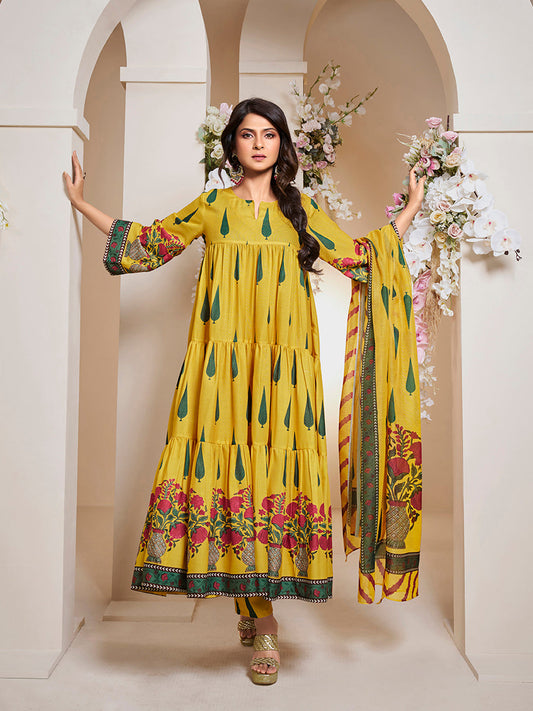 Bhama Couture Jennifer Winget Yellow Leaf Floral Printed Anarkali Flared Kurta with Palazzos Dupatta.