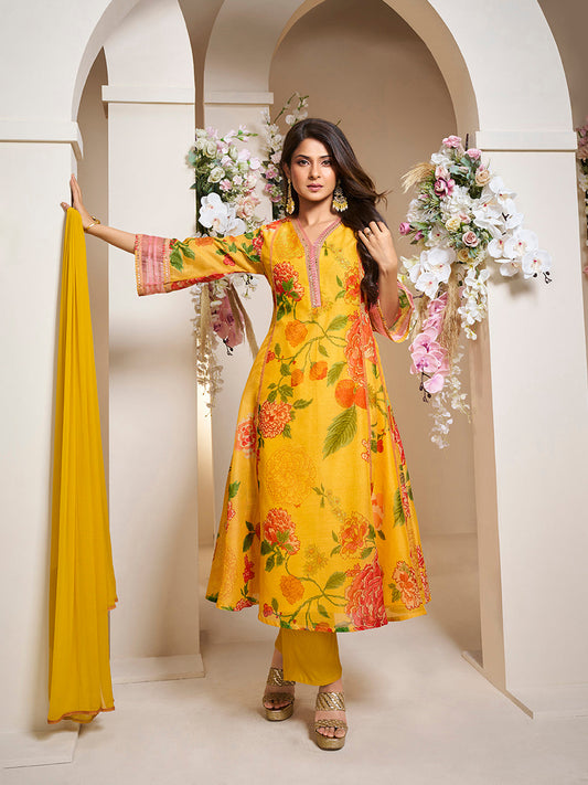 Bhama Couture Jennifer Winget Yellow Colour Floral Printed Flared Anarkali Kurta with Palazzos Dupatta.