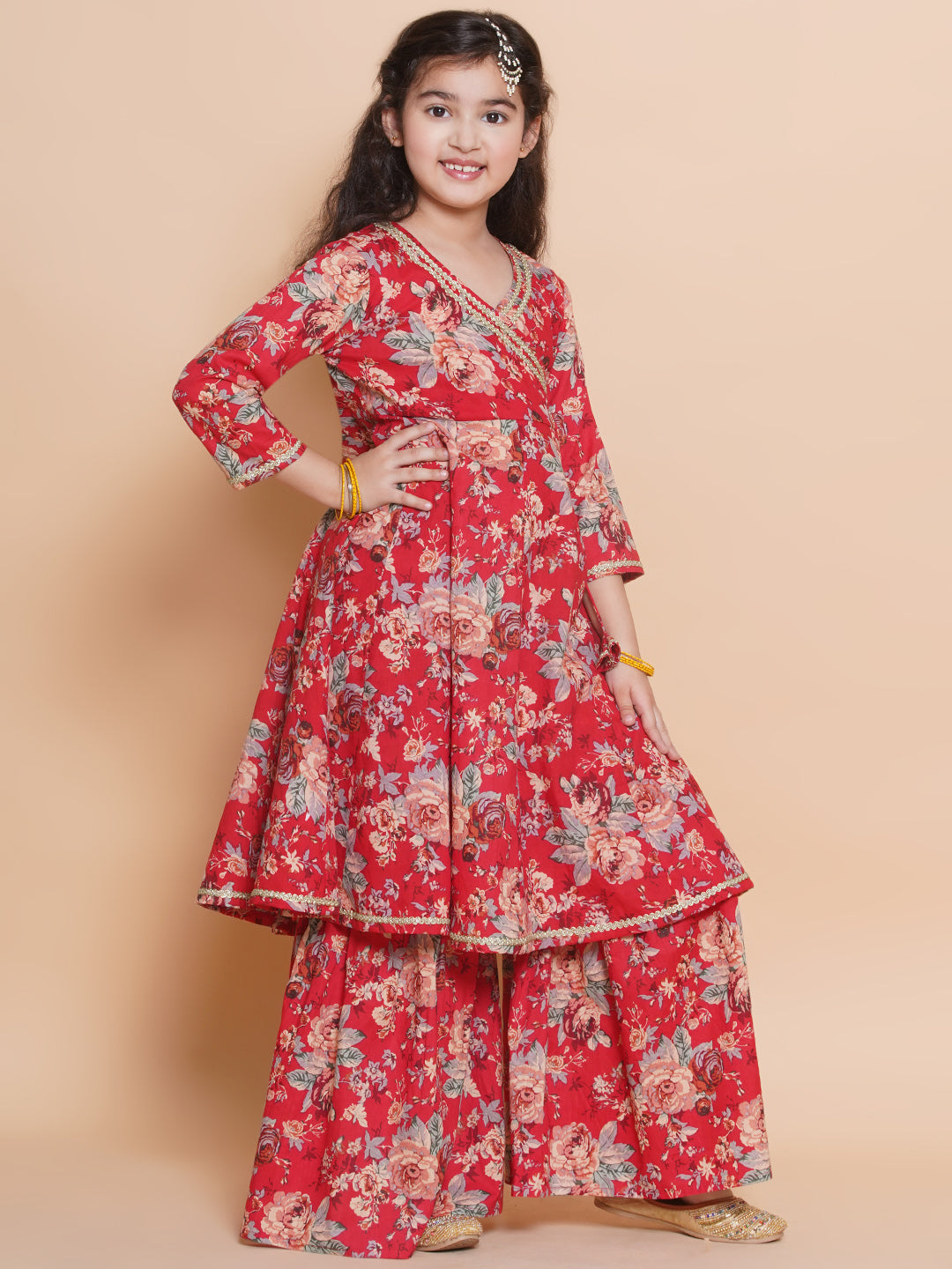 Bitiya by Bhama Girls Red Floral  Printed Angrakha Kurta with Sharara