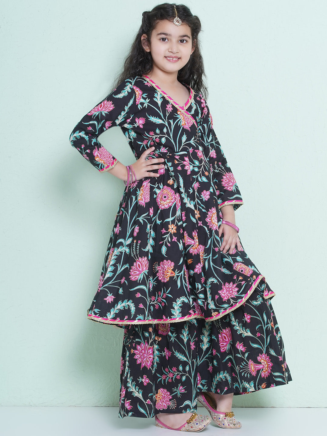 Bitiya by Bhama Girls Black Floral  Printed Angrakha Kurta with Sharara