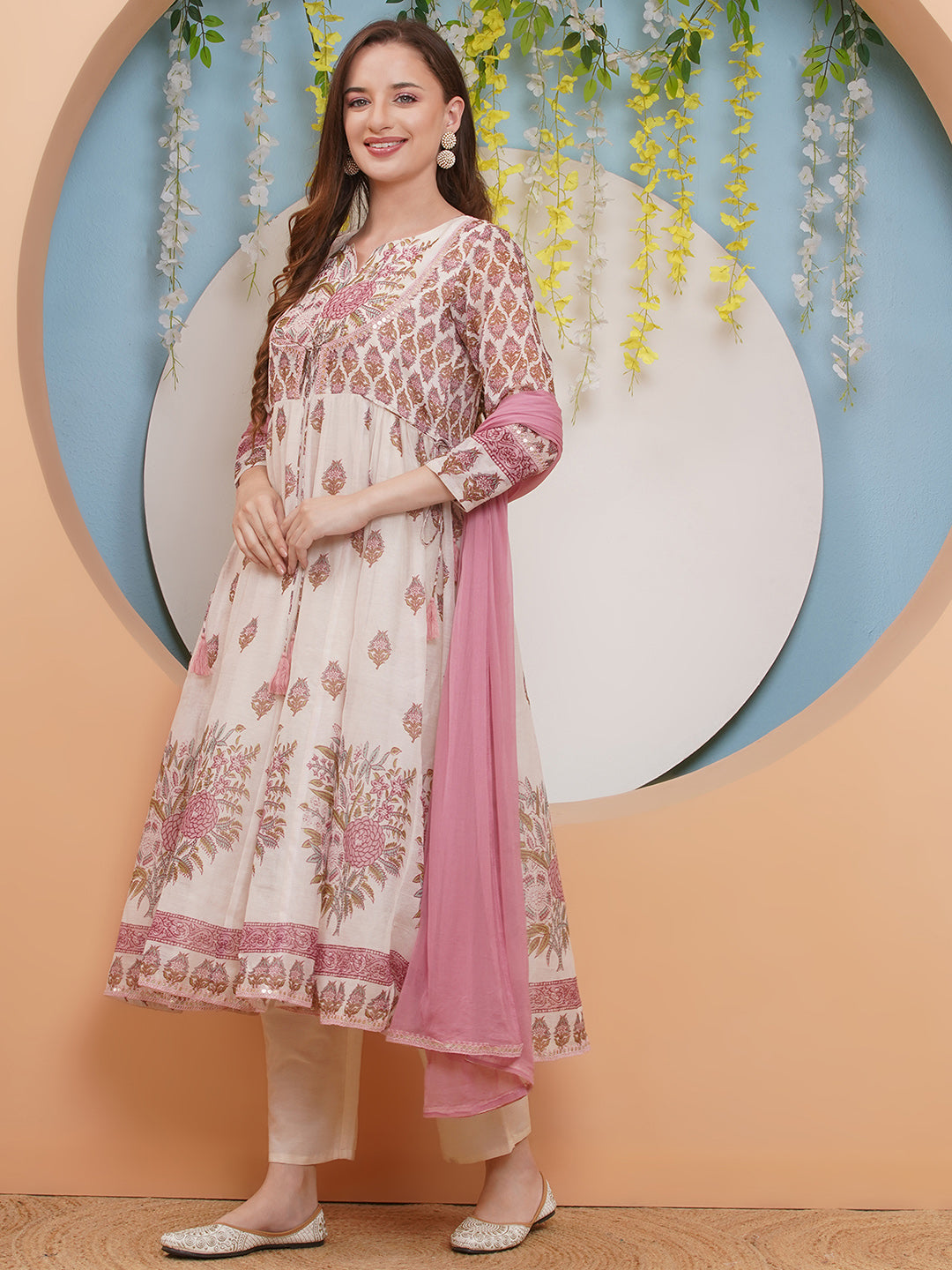 Bhama CoutureOff white  Pink Floral Digital Printed Anarkali Flared Kurta with Palazzos Dupatta.