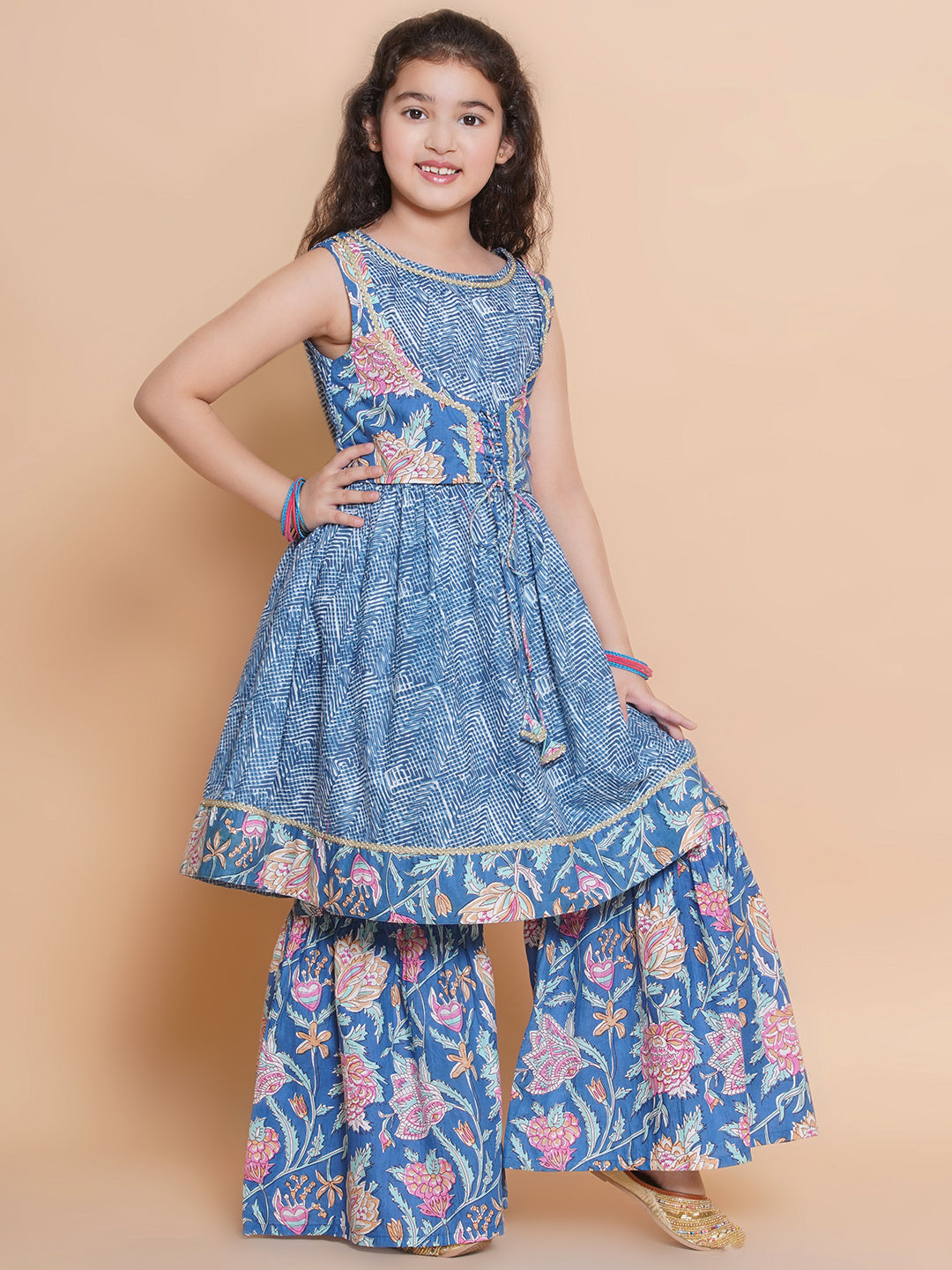 Bitiya by Bhama Girls  Blue Printed Jacket Style kurta with Sharara