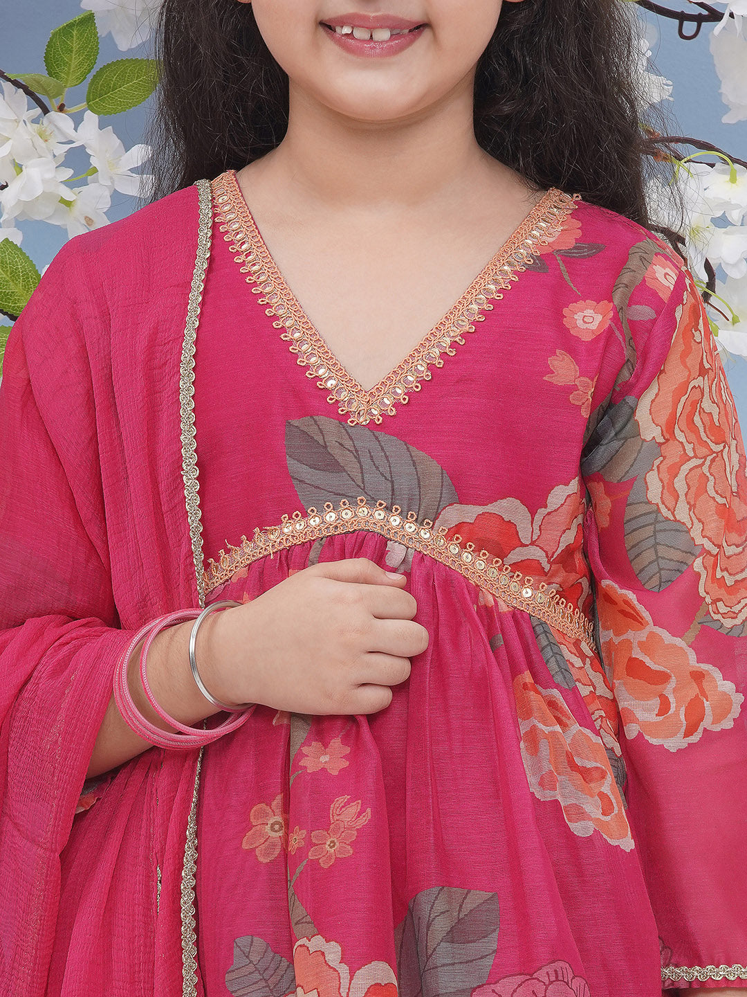 Bitiya by Bhama Girls Pink Floral Printed Alia Design Kurta With Sharara With dupatta