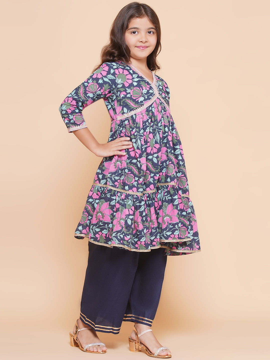 Bitiya by Bhama Girls Navy Blue Pink Floral Printed  Kurta With Palazzos.