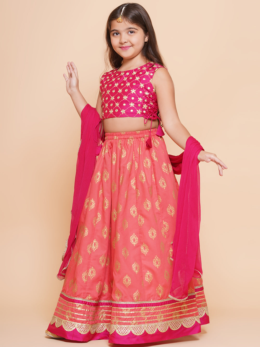 Bitiya by Bhama Girls Pink Embroidered Choli & Peach Golden print Ready to Wear Lehenga With Dupatta