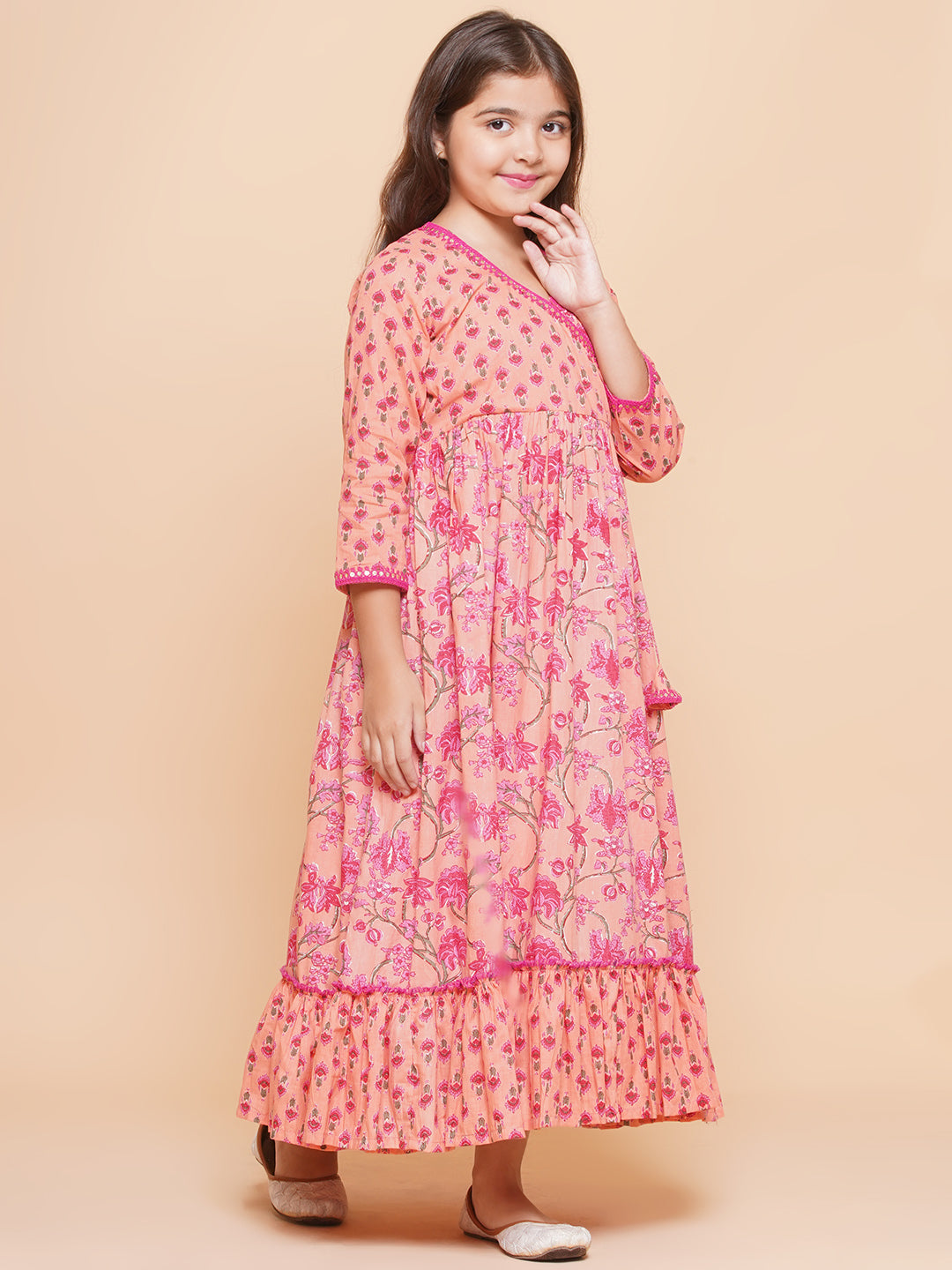 Bitiya by Bhama Girls Peach Floral Printed Shrug & Blouse With Ready to Wear Lehenga.