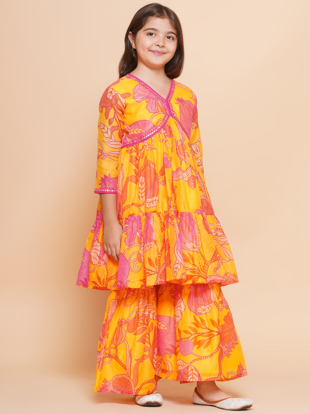 Bitiya by Bhama Girls Yellow Floral Printed Alia Design Kurta With Sharara