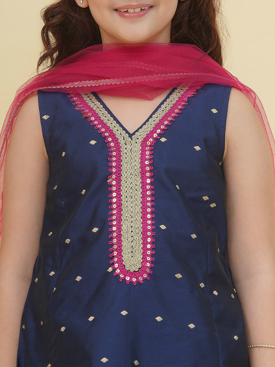 Bitiya by Bhama Girls Blue Self Design Kurta with Afgani Salwar with Dupatta.