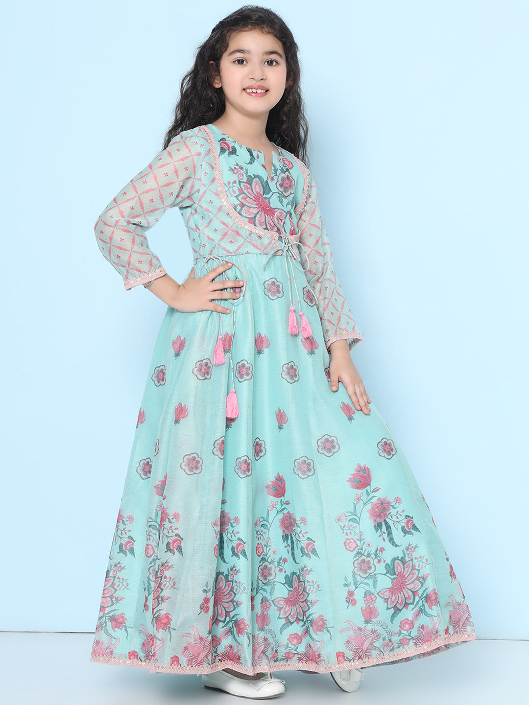 Bitiya by Bhama Girls Sea Green & Pink Floral Maxi Dress